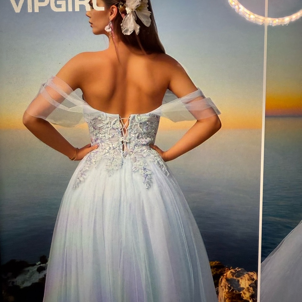 Glamorous light blue off the shoulder embroidered tulle formal dress - Picture 3 of 14